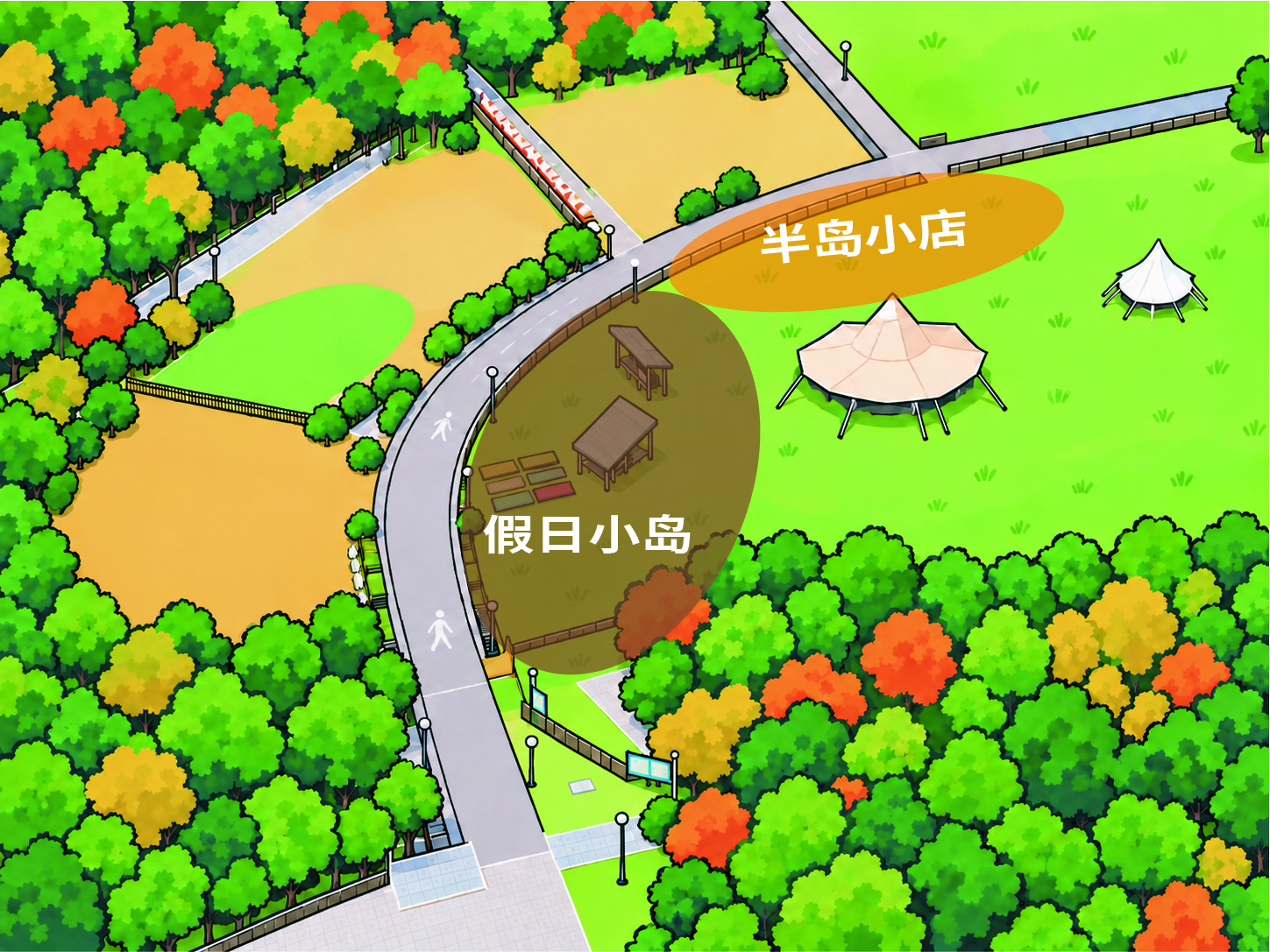 灵龟山场地规划图，标示假日小岛与半岛小店的空间位置